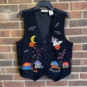 Vintage Casey & Max Halloween Embroidered Black Vest - size L
